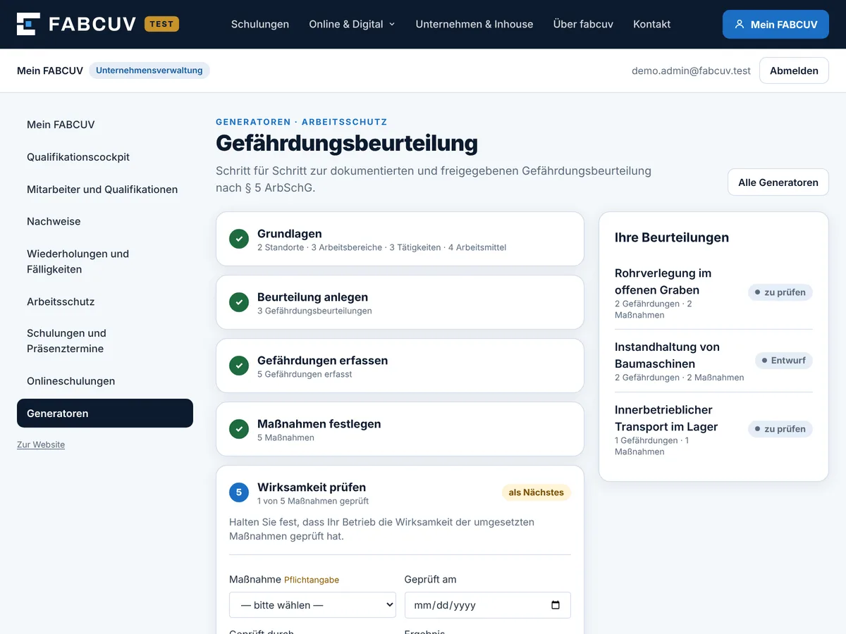 Assistent Gefährdungsbeurteilung in Mein FABCUV (Testdaten)