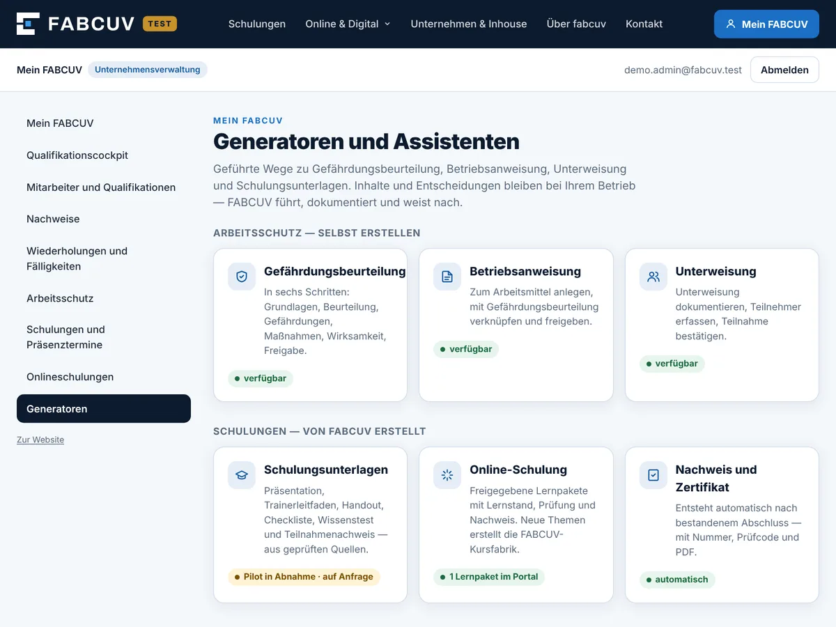 Generatoren-Übersicht in Mein FABCUV (Testdaten)