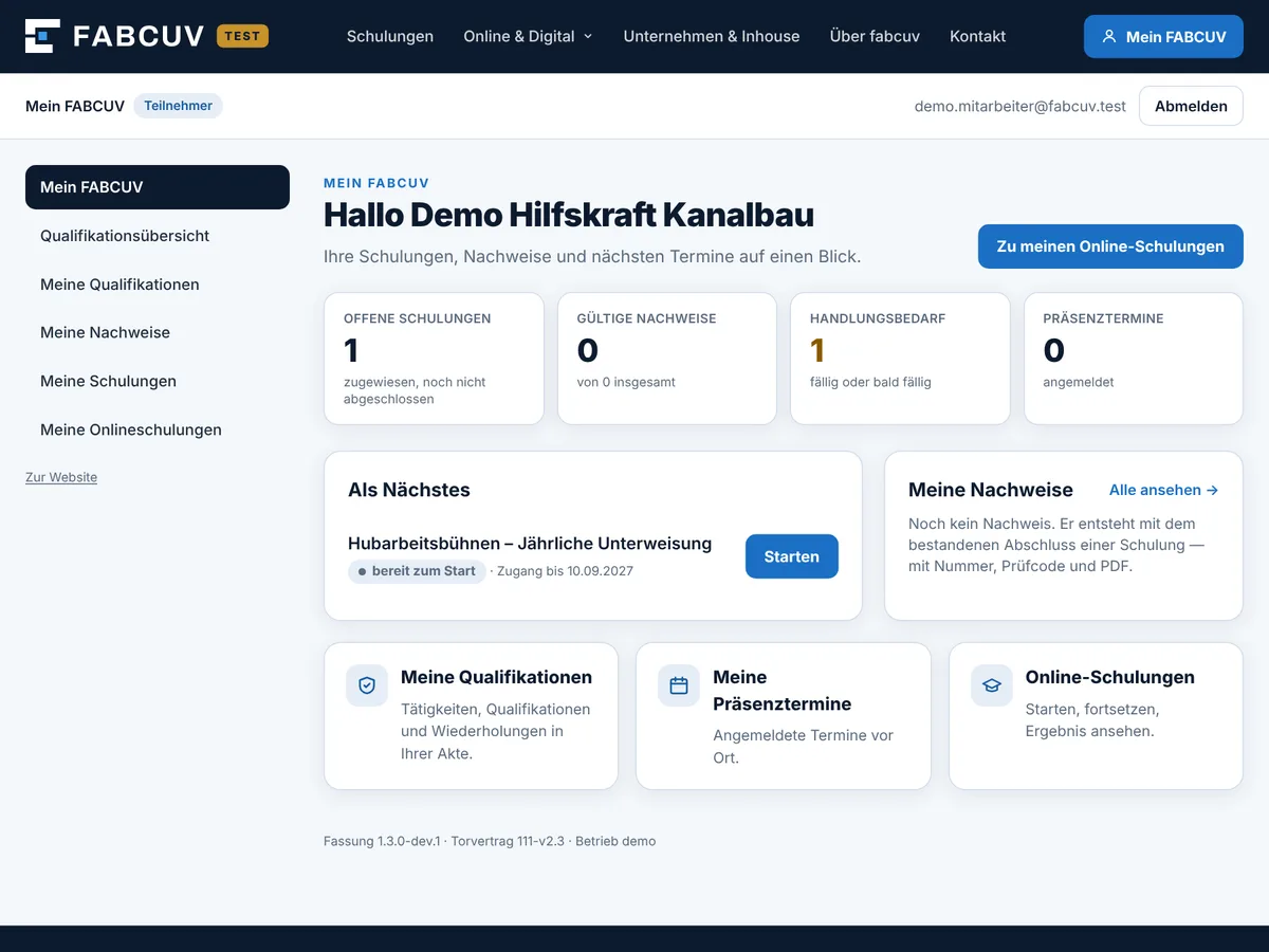 Mein FABCUV – Teilnehmeransicht mit offener Schulung und Nachweisen (Testdaten)