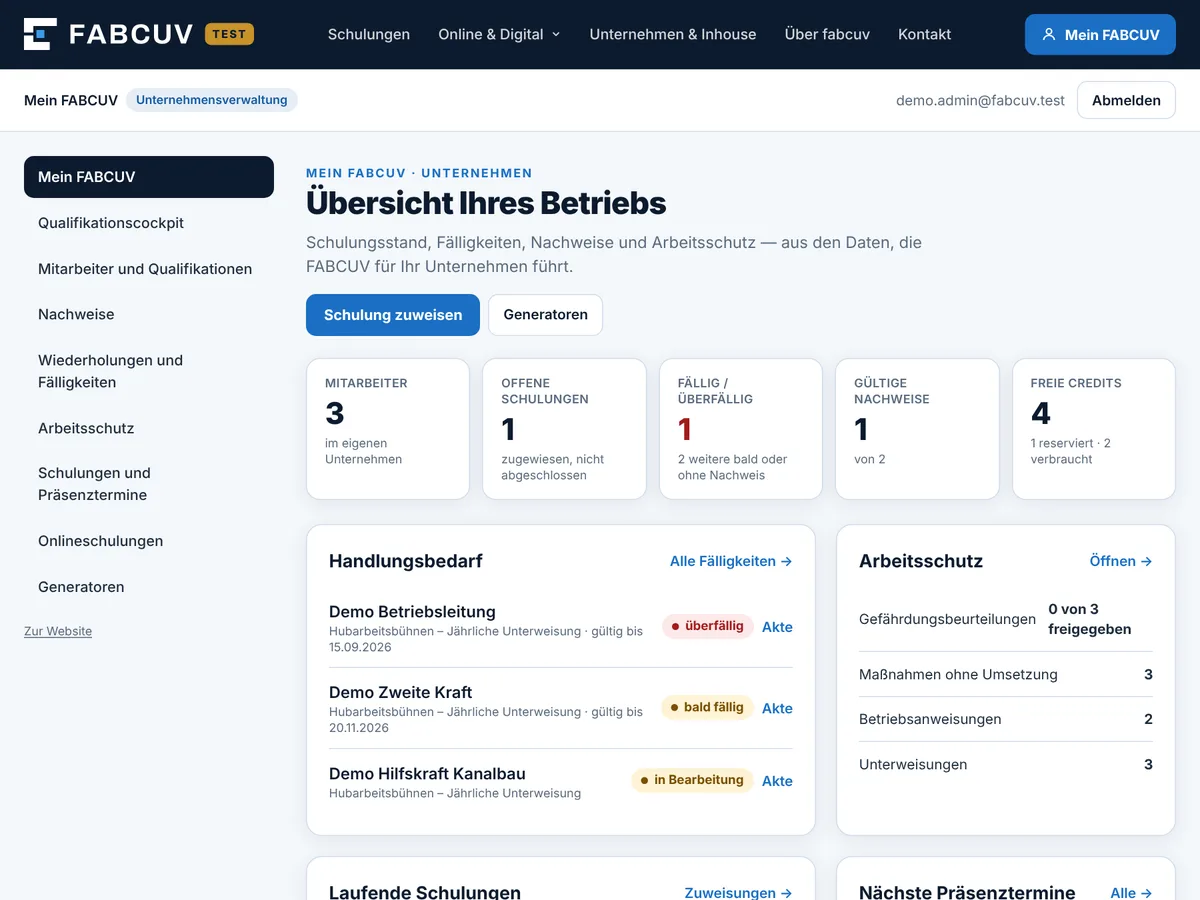 Mein FABCUV – Unternehmensübersicht mit Fälligkeiten und Arbeitsschutz (Testdaten)