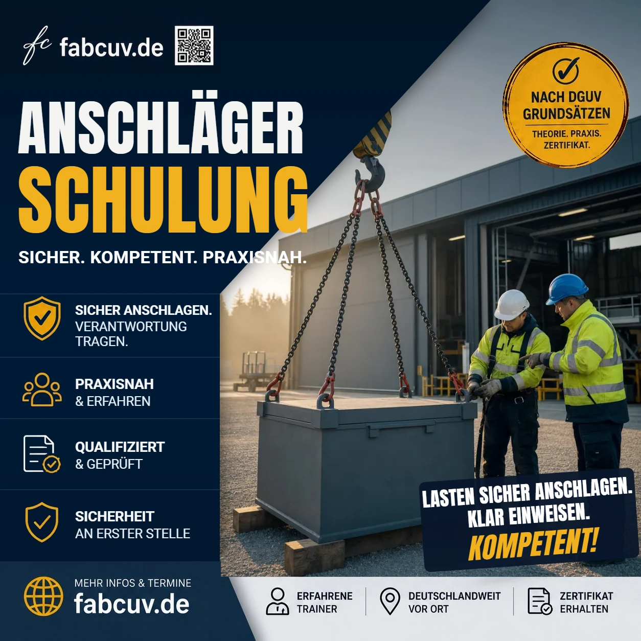 Anschläger Schulung nach DGUV Information 209-013 – Lasten sicher anschlagen und Kranführer einweisen – fabcuv.de NRW