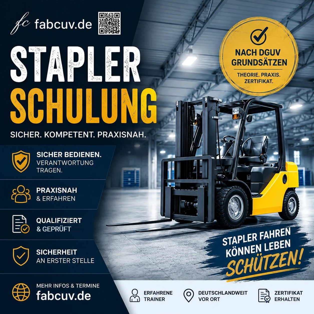 Staplerschein Schulung nach DGUV Grundsatz 308-001 – Gabelstapler sicher fahren – Flurförderfahrzeuge Bedienerschulung fabcuv.de